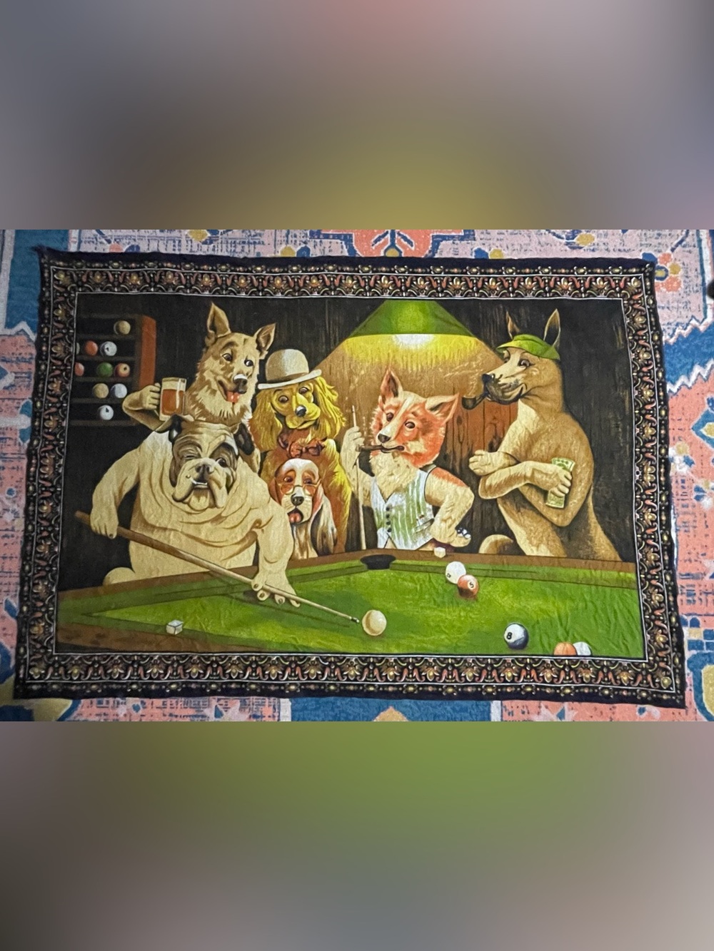 Vintage tapestry of dogs playing pool